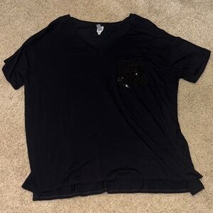 Black V-Neck Tee with Sequin Pocket Honeyme
